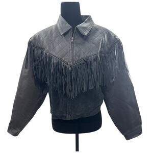 Vintage Just Joshua Black Leather Suede Fringe Jacket Medium